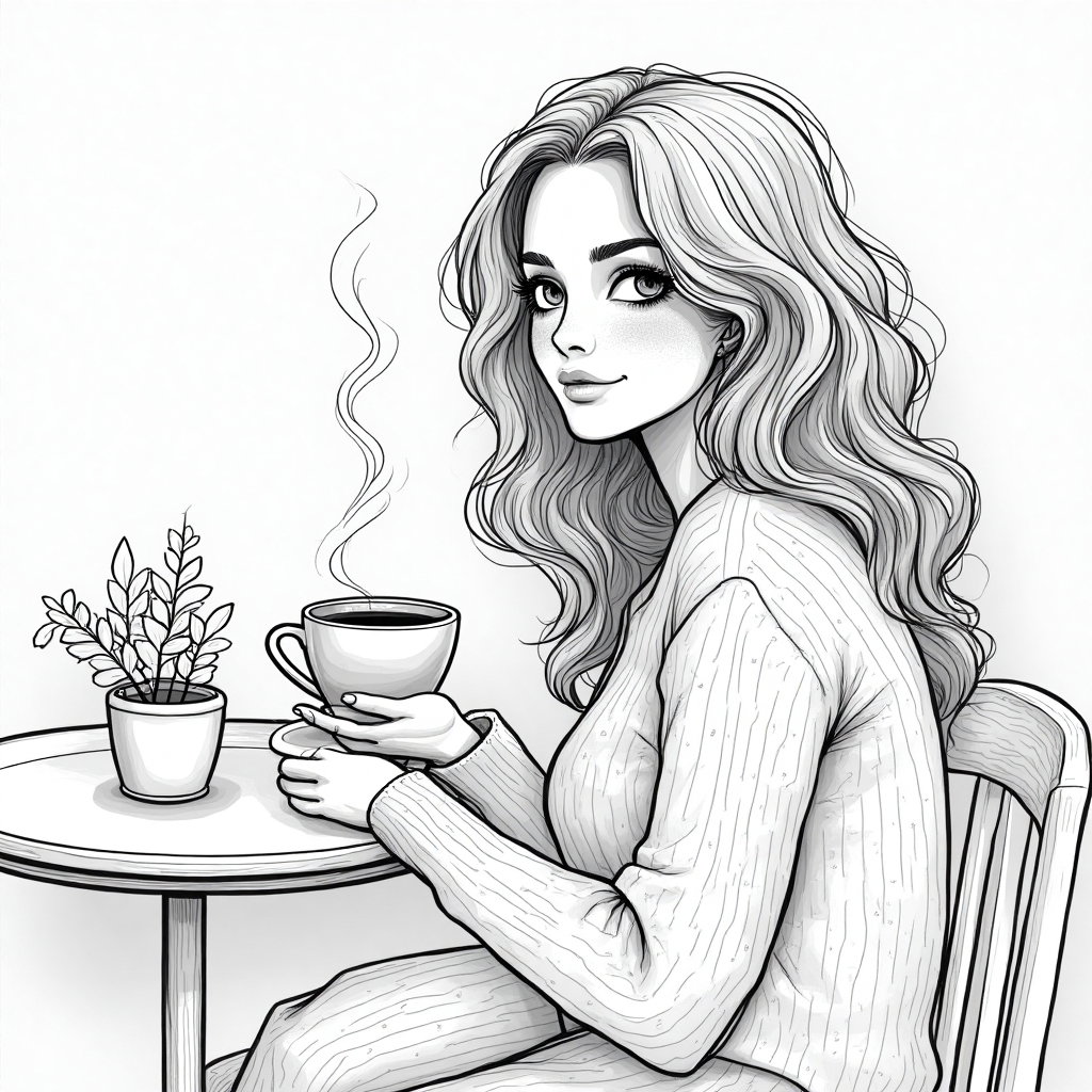 AI-generated photo: **Line Art Illustration.** Feature a young woman sitting at a small café table, her pose relaxed and...