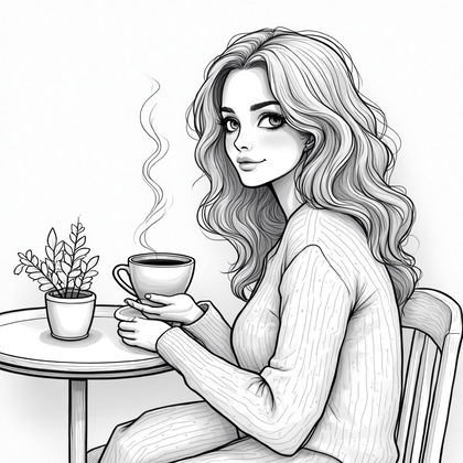 AI-generated photo: **Line Art Illustration.** Feature a young woman sitting at a small café table, her pose relaxed and...
