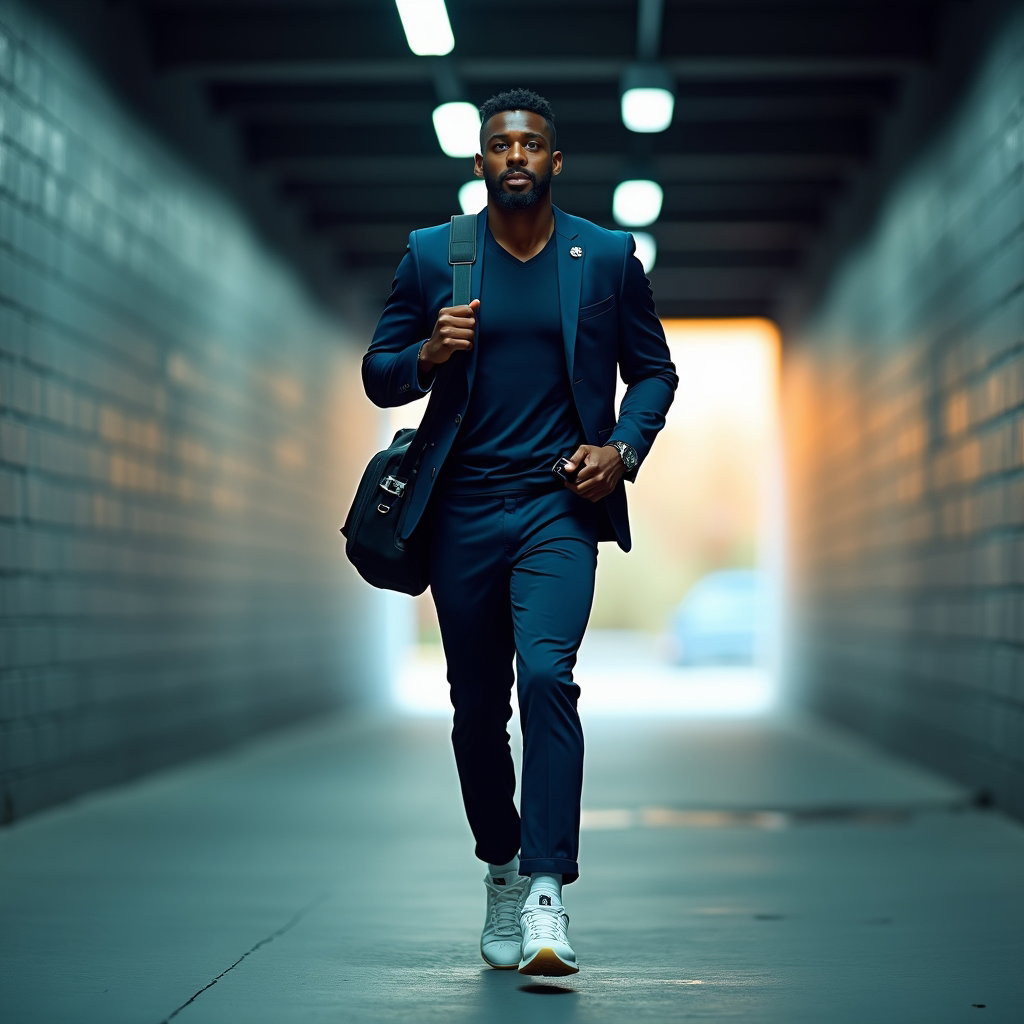 AI-generated photo: Photorealistic professional sports photography of a pregame “tunnel fit” stride, tailored jacket ove...