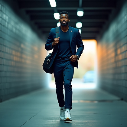 AI-generated photo: Photorealistic professional sports photography of a pregame “tunnel fit” stride, tailored jacket ove...