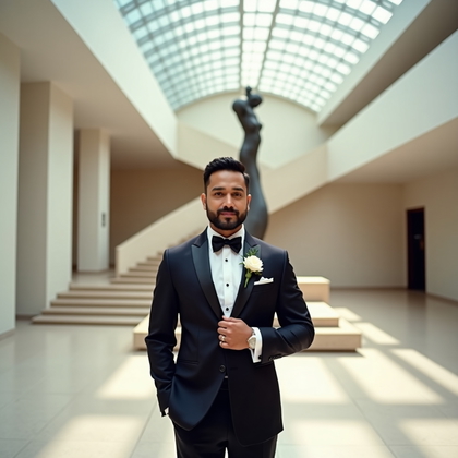 AI-generated photo: Photorealistic wedding photography in a contemporary museum atrium with soaring skylights, pale terr...