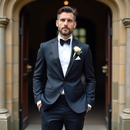 AI-generated photo: Photorealistic wedding portrait photograph showing a sharply tailored suit with a clean boutonniere ...