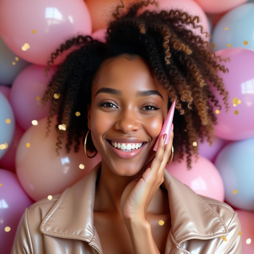Playful Birthday Confetti and Balloon Portraits example: Photorealistic close-up portrait photography. A joyful birthday portrait with the face clearly visible, framed tightly a