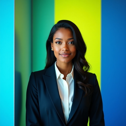 AI-generated photo: Professional headshot: bold color-blocked wall with ultramarine and chartreuse vertical bands separa...