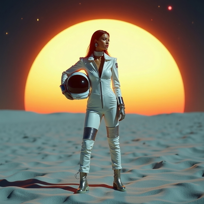 AI-generated photo: Photorealistic editorial fashion photography portrait set on a moon-like surface with a softly glowi...