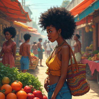 AI-generated photo: **Photorealistic line art profile portrait in a bustling marketplace, capturing the dynamic energy o...