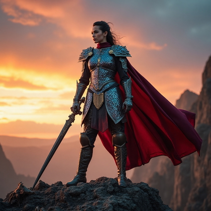 AI-generated photo: Cosplay photo showcasing a character as a regal and fearsome dragon rider, donned in a suit of scale...