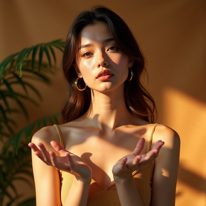 AI-generated photo: Photorealistic studio portrait photography, upright stance centered with a direct gaze as palms lift...