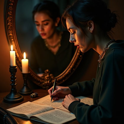 Candlelit Writing Desk Portrait With Ink-Stained Hands example: Photorealistic portrait photography. Unexpected creative variation with the subject reflected in a dark antique mirror a