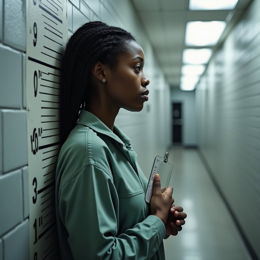 AI-generated photo: Photorealistic intake photography showing a crisp side-profile shot in a modern jail processing area...