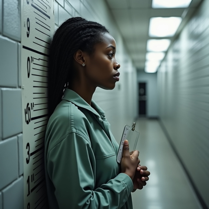 AI-generated photo: Photorealistic intake photography showing a crisp side-profile shot in a modern jail processing area...