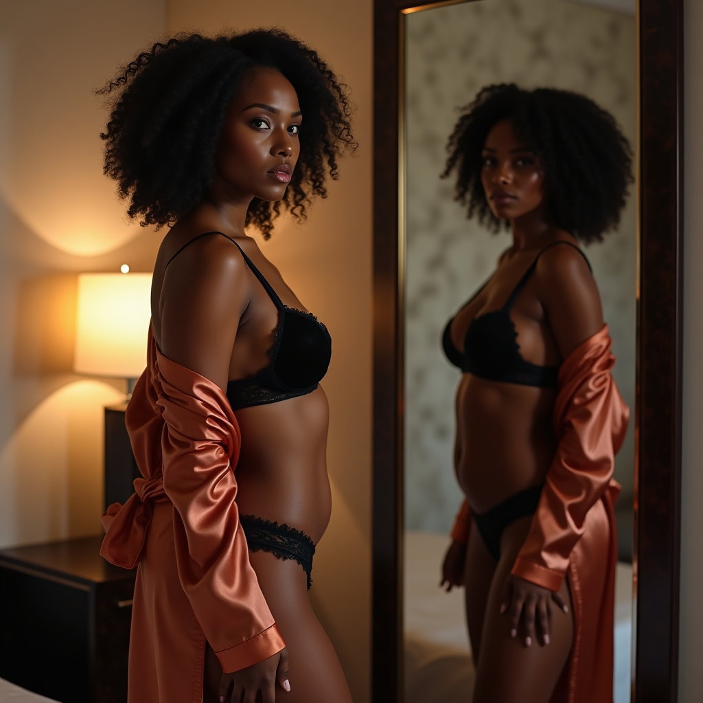 Signature Power Pose example: Photorealistic boudoir photography. A strong, seductive standing pose beside a floor-length mirror in an upscale suite,