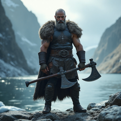 AI-generated photo: Cosplay photo depicting a character as a heroic Norse warrior, clad in a fur-lined, rugged leather t...