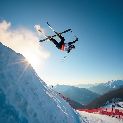 AI-generated photo: Photorealistic sports action photograph of a freestyle aerials skier captured at the absolute peak o...