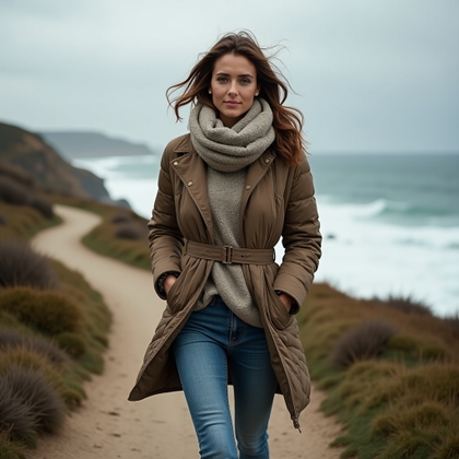 Off-Season Riviera Portraits With Cozy Coastal Style example: Photorealistic fashion portrait photography. Motion portrait along a cliffside path, captured mid-step with the face vis