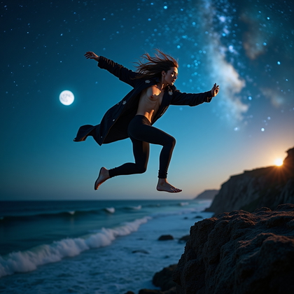 AI-generated photo: Photorealistic portrait photography. On a cliff edge above an ocean at night, a person is captured i...