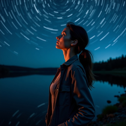 AI-generated photo: Photorealistic nighttime portrait photography, a close, side-profile image composed from mid-torso u...