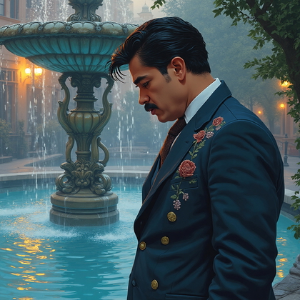 AI-generated photo: Art Nouveau illustration. Depict a robust man engaged in a moment of reflection beside an ornate, fl...