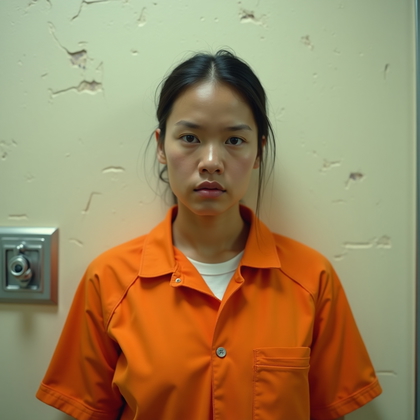 AI-generated photo: Photorealistic high-resolution prison identity shot designed for a modern documentary feature, subje...