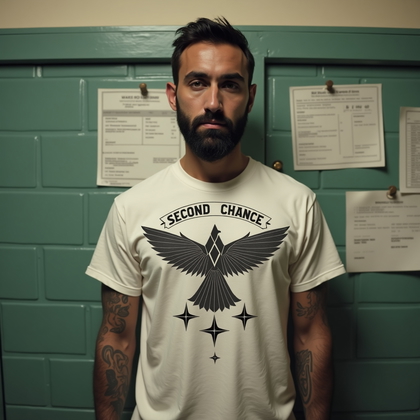 AI-generated photo: Photorealistic prison portrait photograph, the person standing in front of a painted cinderblock wal...