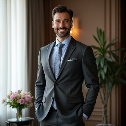 AI-generated photo: Professional headshot of a man in a sleek dark gray suit, the fabric a luxurious wool blend with a s...