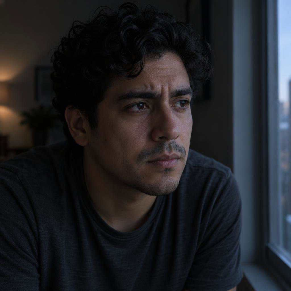 Intimate Dramatic Monologue: Tight headshot near a dim apartment window, with the dark room soft behind the subject.