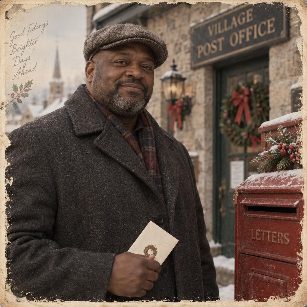 Vintage Postcard-Style Portrait: Outside an old village post office, a single person stands beside a red letterbox, holding a sealed holiday card at his side.