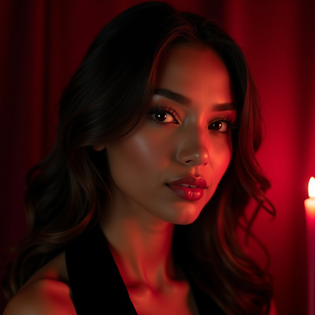 Candlelit Velvet Close-Up example: Dating profile photo, tight profile/avatar crop against dark ruby velvet, the subject framed from the shoulders up with