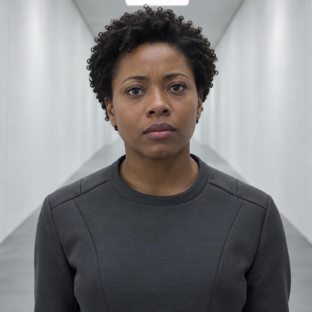 Speculative-Fiction Character: Photorealistic acting headshot, chest-up and centered in a spare white corridor whose angled walls converge behind her.