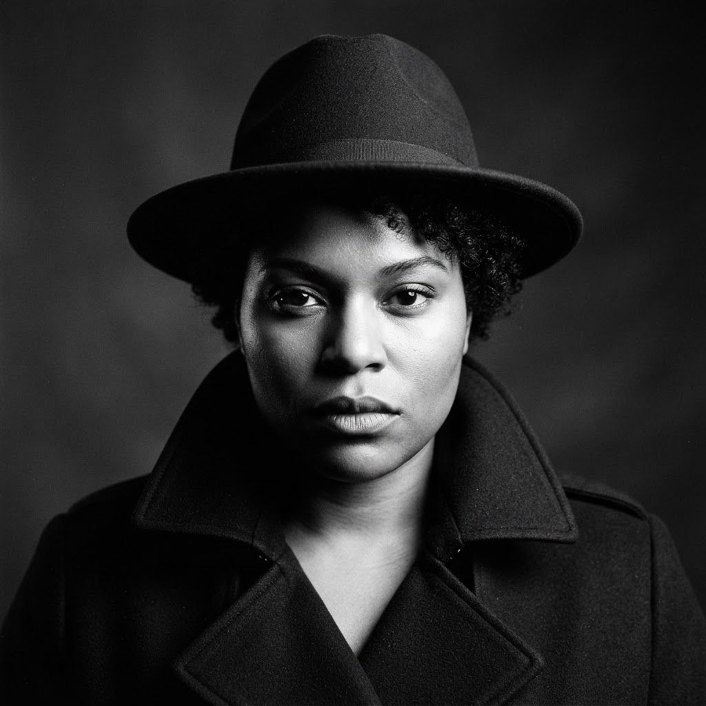 Private Eye Close-Up: Centered close portrait of a noir lead detective, single person square to camera, coat collar turned up symmetrically under a low fedora.