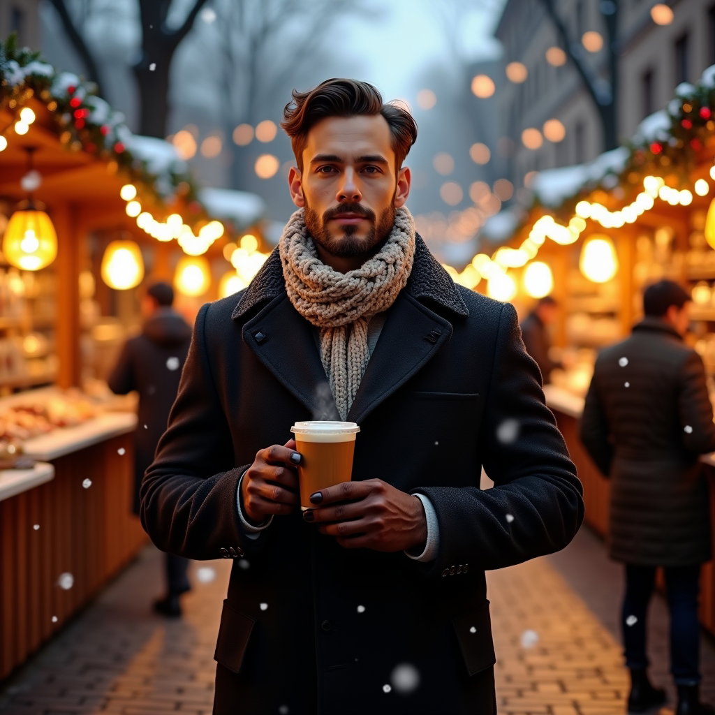 AI-generated photo: Photorealistic lifestyle fashion photo: winter holiday market at dusk framed by glowing string light...