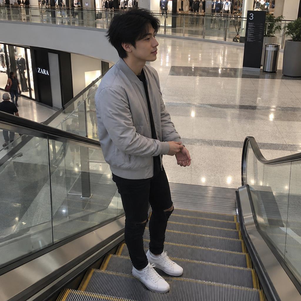 Mall Escalator Streetwear: Photograph one person side-on and head to toe halfway up a mall escalator, a wide strip of terrazzo floor and the upper-level railing…