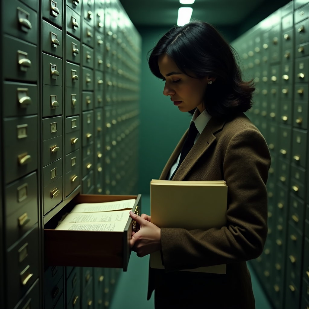 Archive Drawer: Moody side-profile personal photo beside a wall of tall metal filing drawers, one shallow drawer pulled out like a narrow shelf.