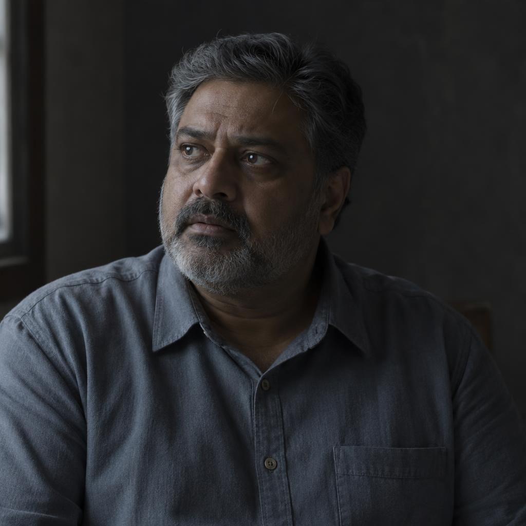 Intimate Dramatic Monologue: Close shoulder-up portrait in a dim, uncluttered room with a dark plaster wall.