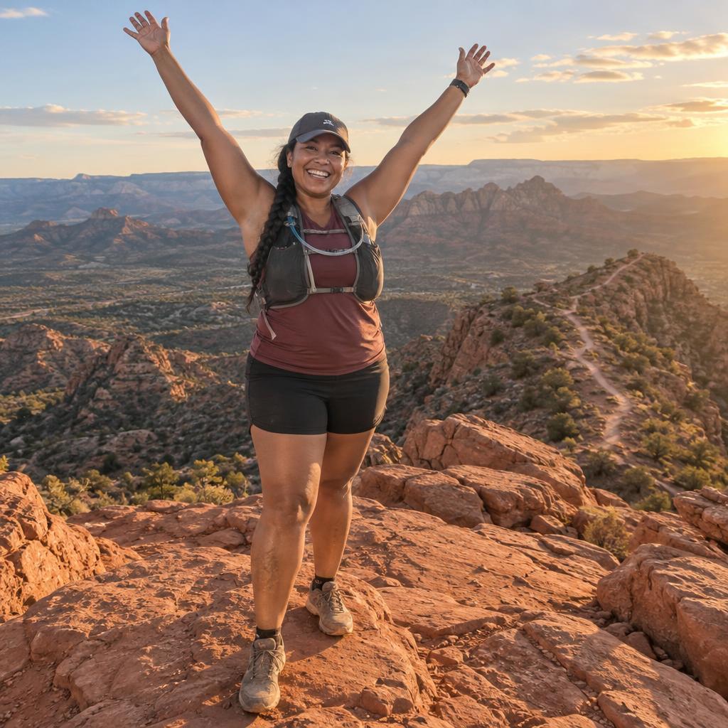 Reaching A Fitness Summit: Full-length victory shot on a broad red-rock mountain summit in warm late-afternoon light.
