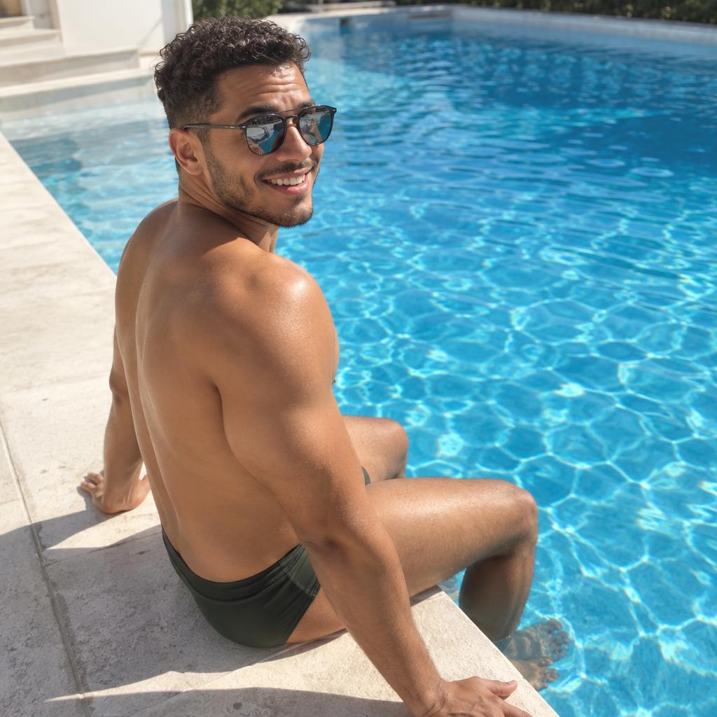 Poolside Summer Post: Casual poolside snapshot of one person sitting on the edge with their feet just above electric-blue water, caught mid-turn toward a friend…