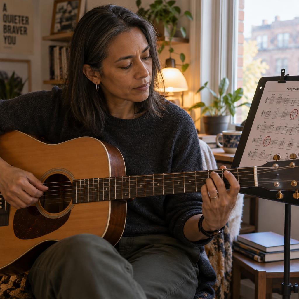 Mastering A New Skill: In a compact apartment nook, they sit angled toward a window with the guitar balanced comfortably on one knee, watching the fretboard as…