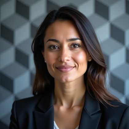 AI-generated photo: Professional headshot at a corporate kickoff photo station with a brand-neutral geometric step-and-r...