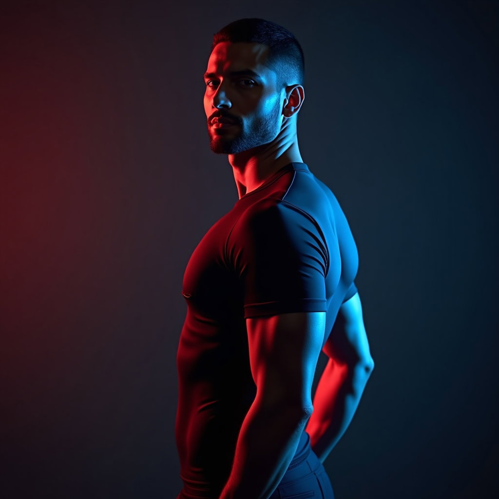 AI-generated photo: Photorealistic studio portrait. The subject is positioned in a half-body framing, standing at a slig...