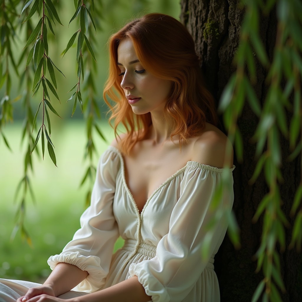 Profil à l’ombre du saule : portrait assis de profil sous l’ombre basse du saule, recadré à partir du milieu du torse, avec la personne installée calmement près du pied de l’arbre.