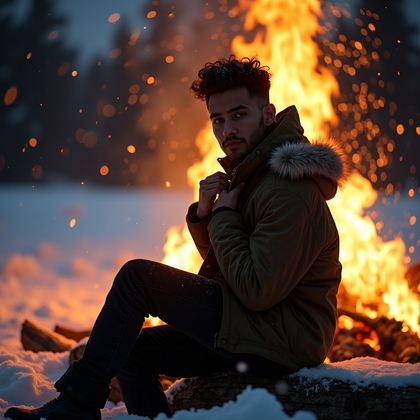 AI-generated photo: Photorealistic cinematic portrait photo at a winter bonfire clearing, subject seated on a rustic log...