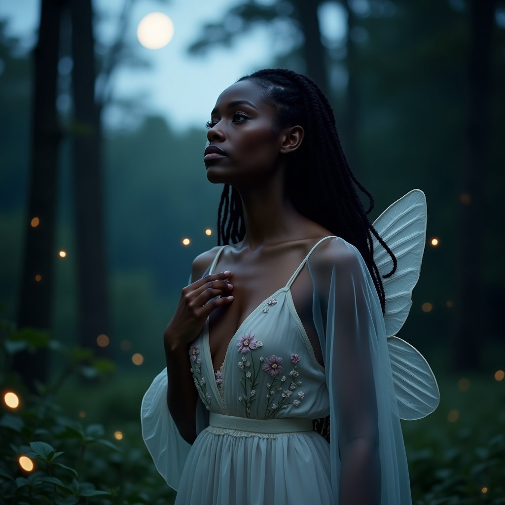 Scène au clair de lune et aux lucioles : portrait nocturne vertical d’une personne debout dans une petite clairière boisée, portant une robe claire à couches translucides avec de subtils motifs floraux…