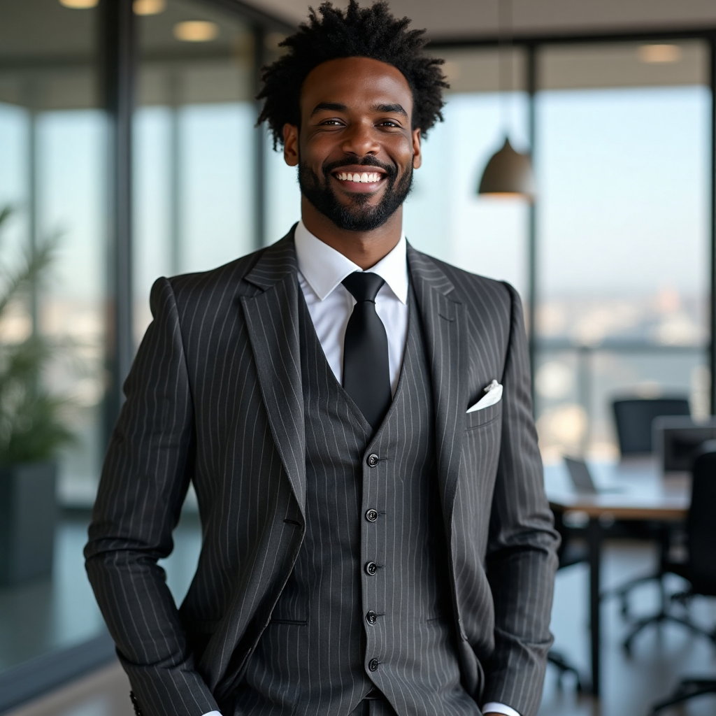 AI-generated photo: LinkedIn photo capturing a professional atmosphere with a sharply dressed individual wearing a tailo...