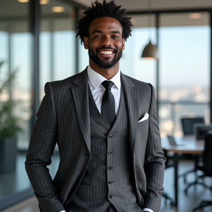 AI-generated photo: LinkedIn photo capturing a professional atmosphere with a sharply dressed individual wearing a tailo...