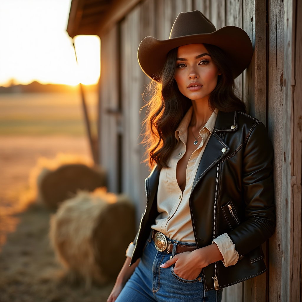 AI-generated photo: Fashion editorial photography, a western glamour portrait set beside a weathered barn during golden ...