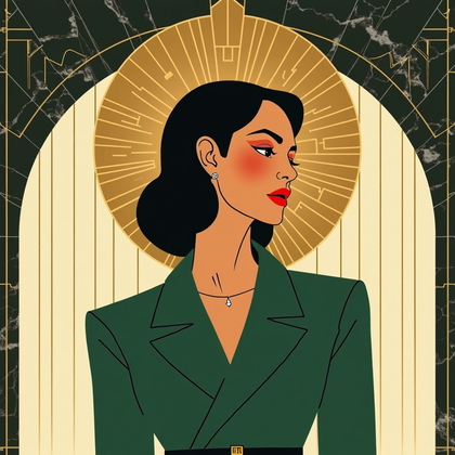 Art Deco illustration: Stylized bust portrait set in a grand marble foyer with a sunburst mirror and stepped ziggurat motifs, the subject posed with a poised chin tilt and shoulders angled slightly, framed by geometric fan shapes that radiate like a halo. Flat, poster-like inks and gouache textures render crisp silhouettes and elegant contour lines, using a limited palette of onyx, emerald, ivory, and metallic gold accents. The attire features streamlined tailoring with a structured collar and sleek lapels, paired with minimal jewelry that catches graphic highlights. Symmetrical composition is subtly broken by a diagonal sash and a tapering shadow wedge, adding dynamism without disturbing the formal balance. The face is cleanly delineated with precise linework and smooth tonal blocks, maintaining a glamorous, timeless allure.