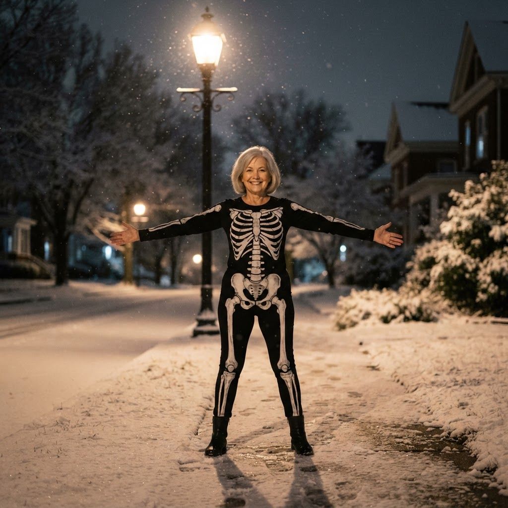 Skeleton Under a Streetlight: Wide nighttime portrait beneath a streetlight on an empty, snow-dusted sidewalk.