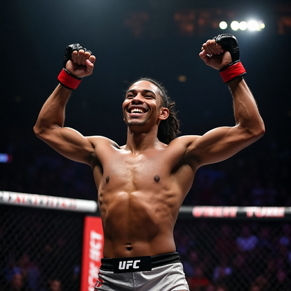 AI-generated photo: **Photorealistic professional photography** illustrating a UFC fighter mid-celebration in the octago...