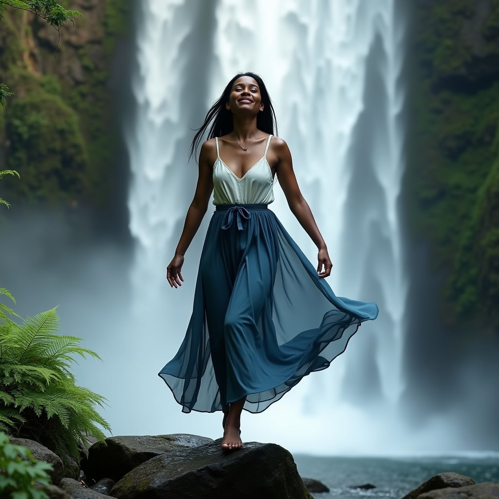 Brume de cascade : portrait en pied en mouvement sur une corniche rocheuse bordée de fougères devant une haute cascade, la seule personne saisie dans un léger demi-tour qui suggère le mouvement…