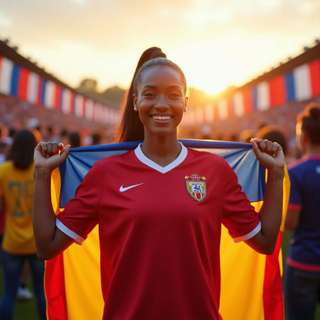 Flag-Draped National Pride Portraits example: Photorealistic half-body fan portrait photography. A confident fan stands in a lively outdoor fan zone with a national f
